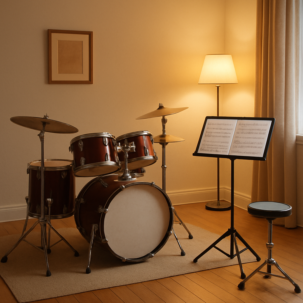 A welcoming music studio with a drum kit set up and sheet music on a stand