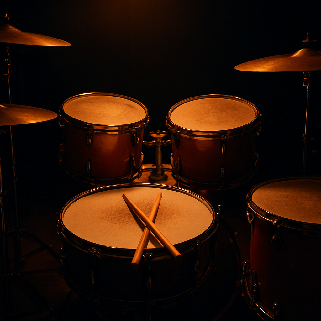 A full acoustic drum kit in a studio, ready to play