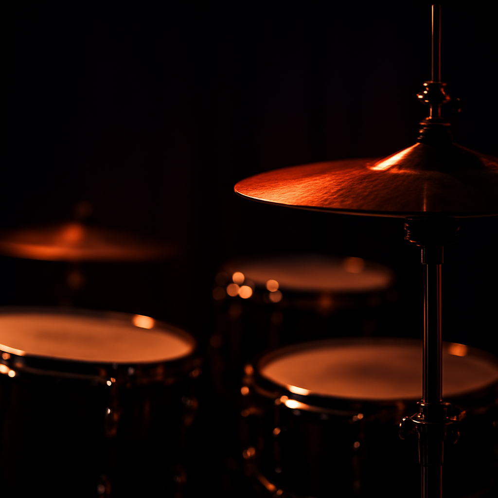 Close-up of cymbals and snare drum on a professional kit